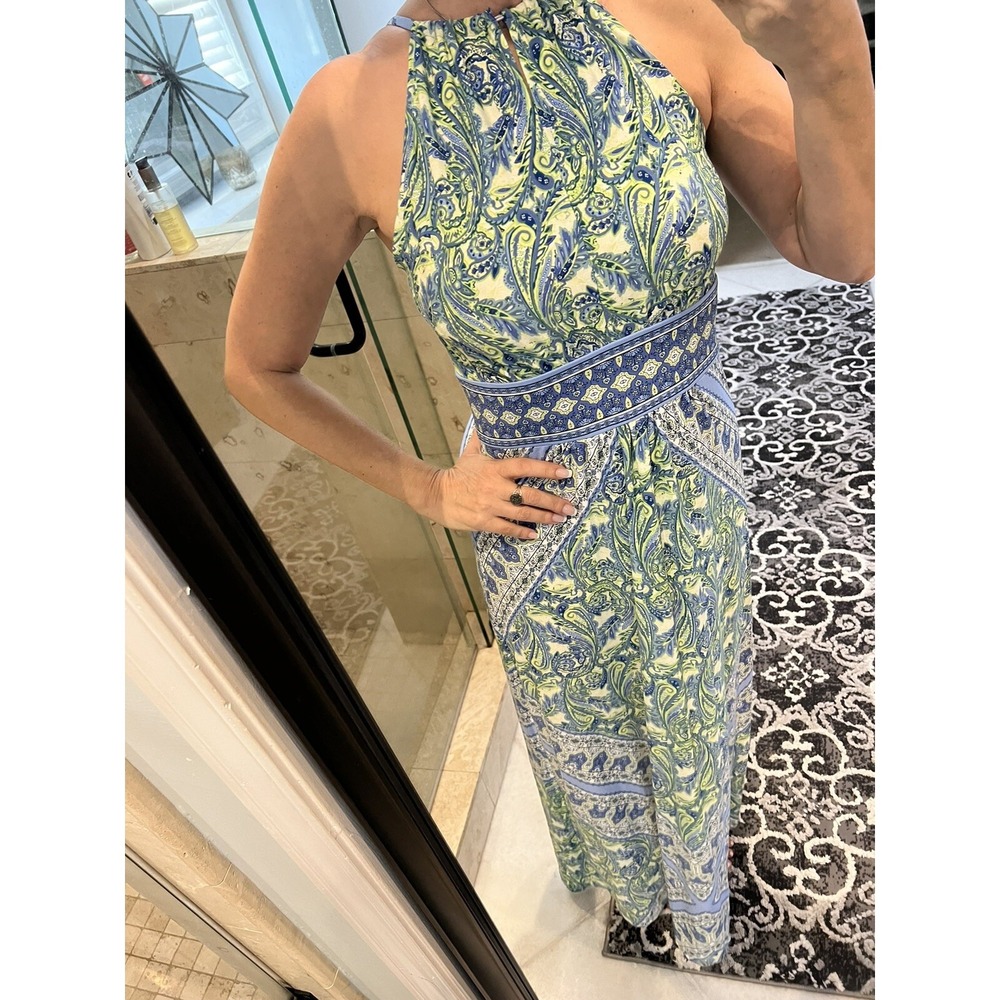 London Times Womens Halter Maxi Dress 8 Blue Green Paisley Jersey T4292M-TX